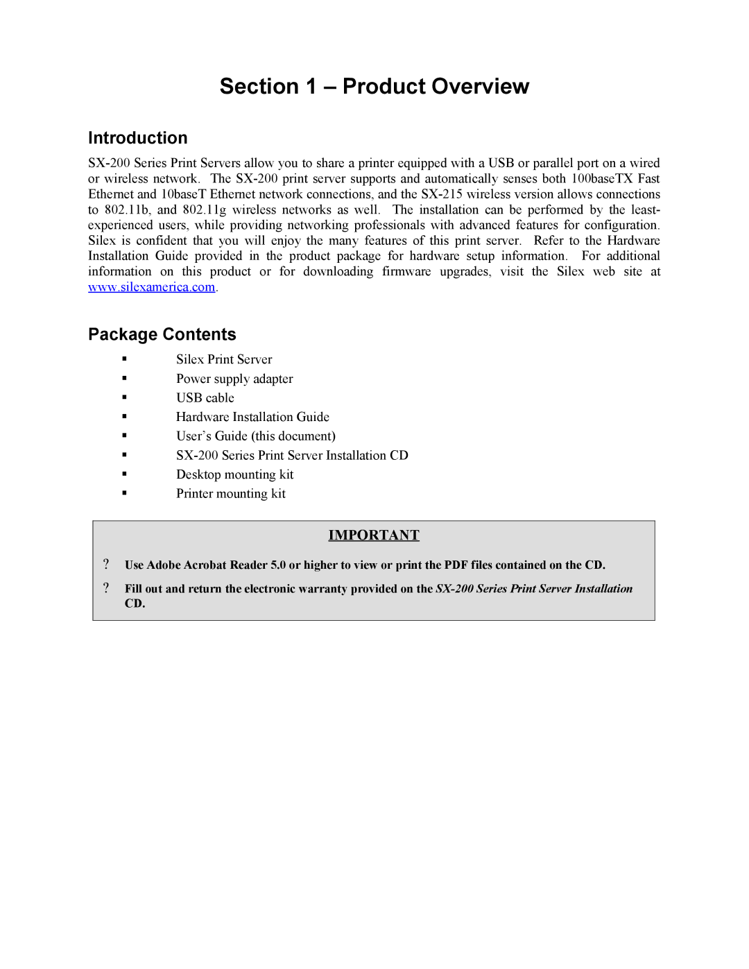 Sony SX-215 user manual Product Overview, Introduction Package Contents 