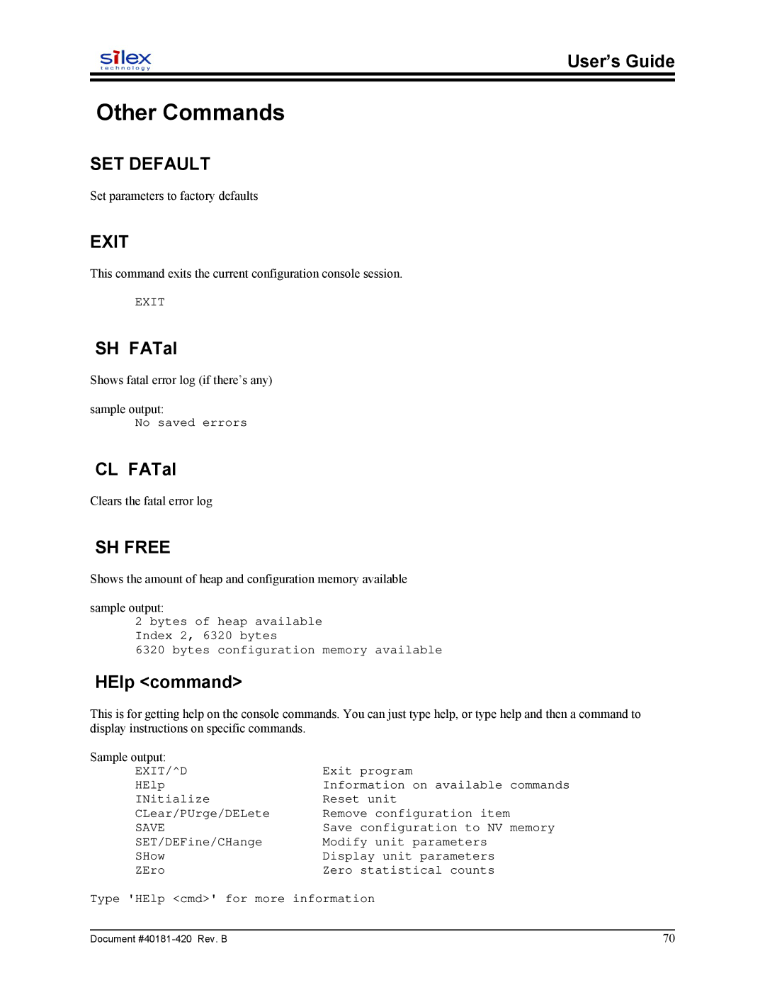 Sony SX-215 user manual Other Commands, SET Default, Exit, SH Free 