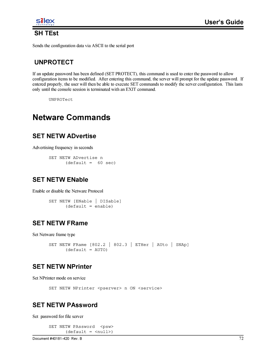 Sony SX-215 user manual Netware Commands, Unprotect 