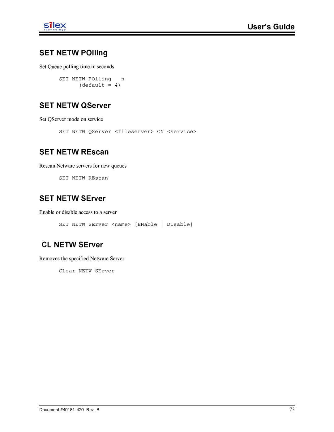 Sony SX-215 user manual User’s Guide SET Netw POlling, SET Netw QServer, SET Netw REscan, SET Netw SErver, CL Netw SErver 