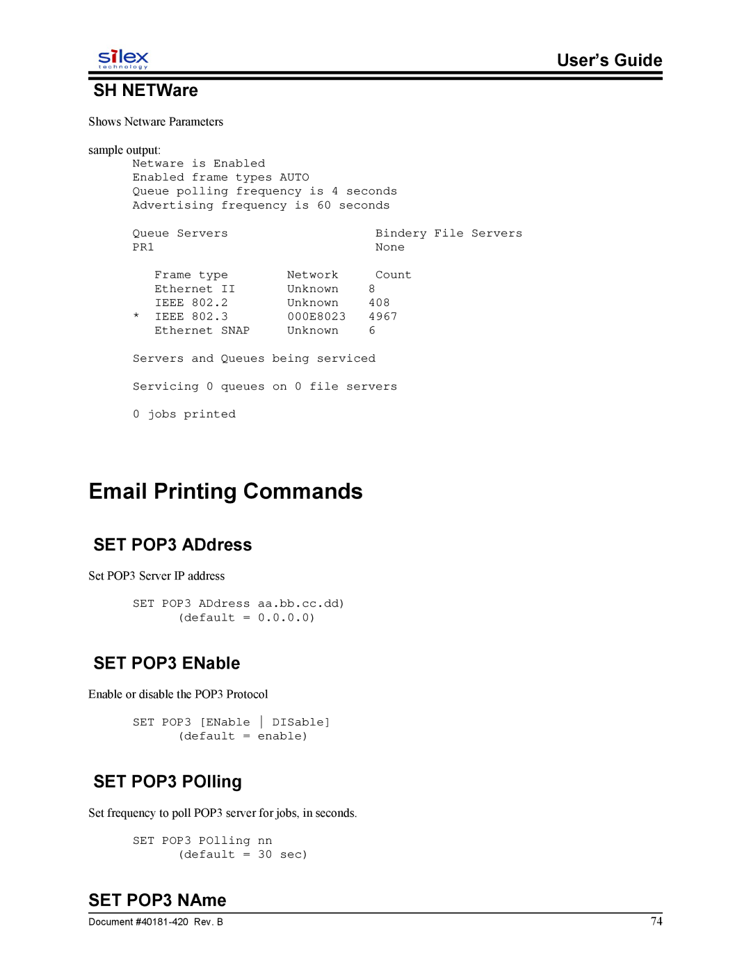 Sony SX-215 user manual Email Printing Commands 