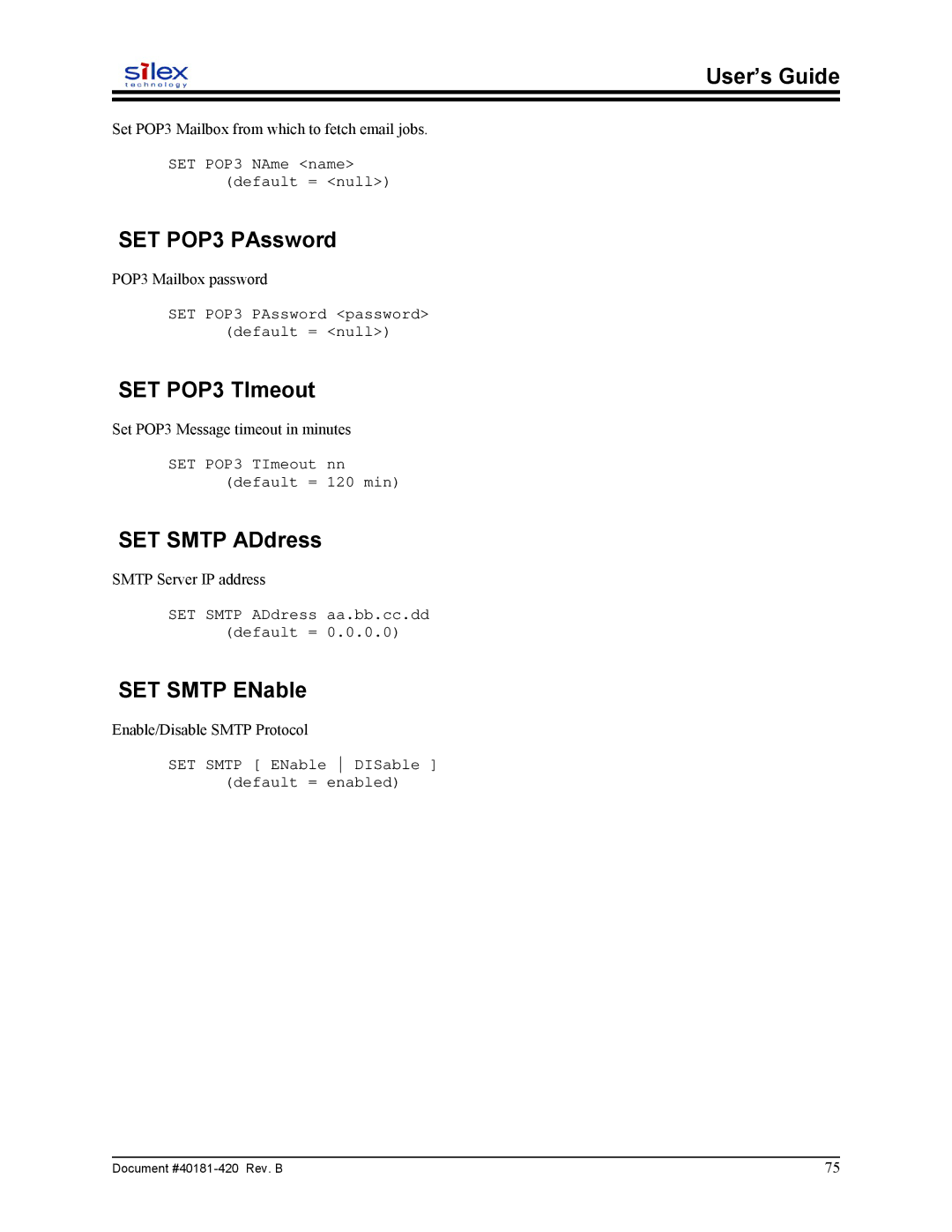 Sony SX-215 user manual SET POP3 PAssword, SET POP3 TImeout, SET Smtp ADdress, SET Smtp ENable 