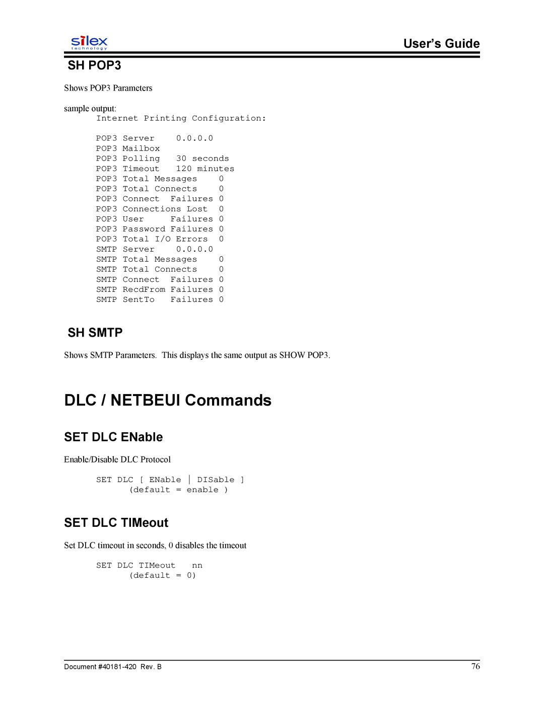 Sony SX-215 user manual DLC / Netbeui Commands, SH POP3, SH Smtp, SET DLC ENable, SET DLC TIMeout 