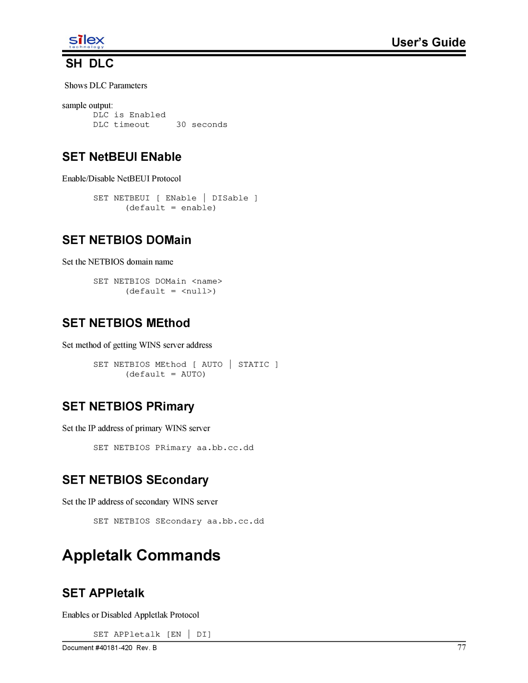 Sony SX-215 user manual Appletalk Commands, Sh Dlc 