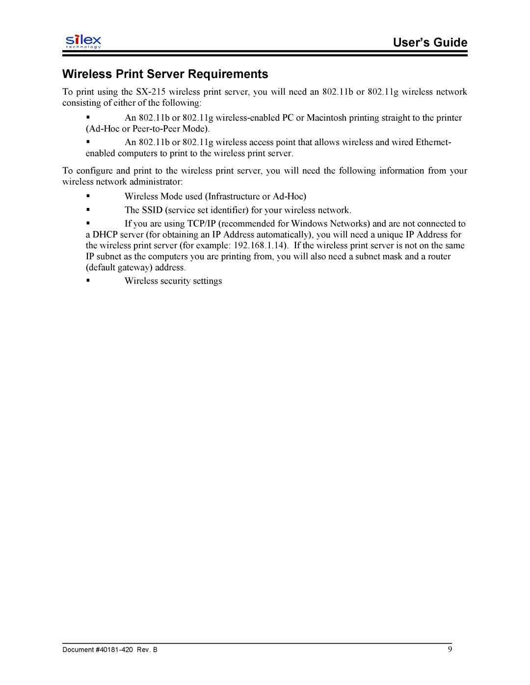 Sony SX-215 user manual User’s Guide Wireless Print Server Requirements 