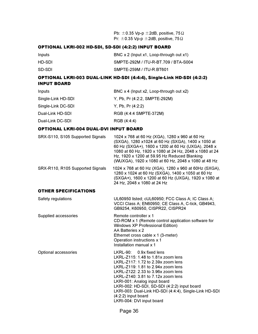 Sony SXRD 4K manual Optional LKRI-002 HD-SDI, SD-SDI 422 Input Board 