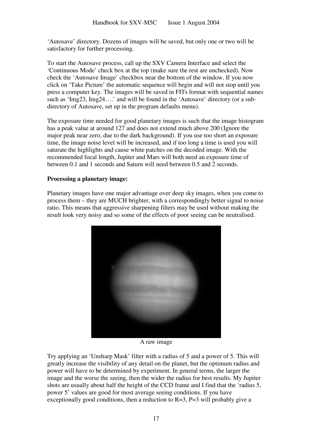 Sony SXV-M5C user manual Processing a planetary image 