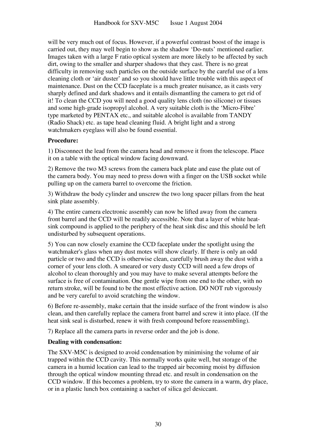 Sony SXV-M5C user manual Procedure, Dealing with condensation 