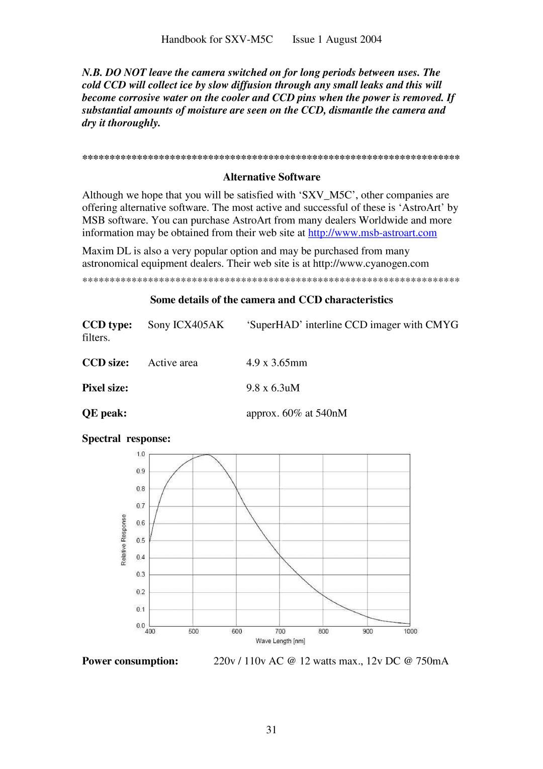 Sony SXV-M5C user manual CCD size, Pixel size, QE peak, Spectral response 