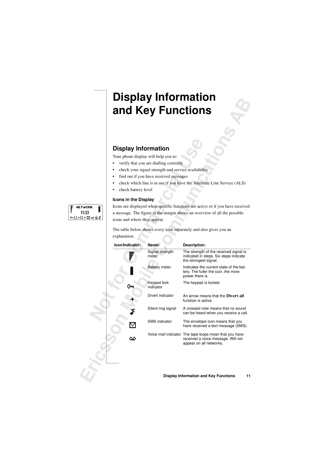 Sony T10s warranty Display Information Key Functions, Icons in the Display 