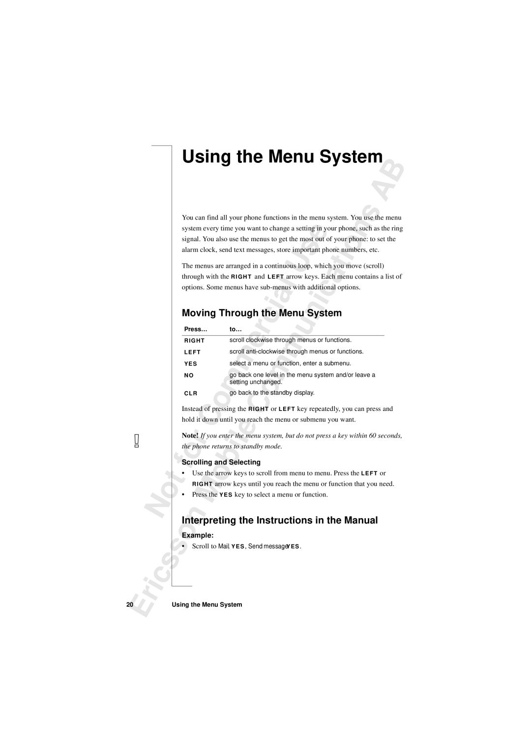 Sony T10s warranty Using the Menu System, Manual, Scrolling and Selecting, Example 