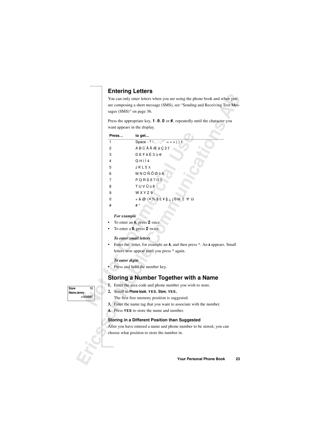 Sony T10s warranty Entering Letters, Storing a Number Together with a Name, For example, To enter digits 