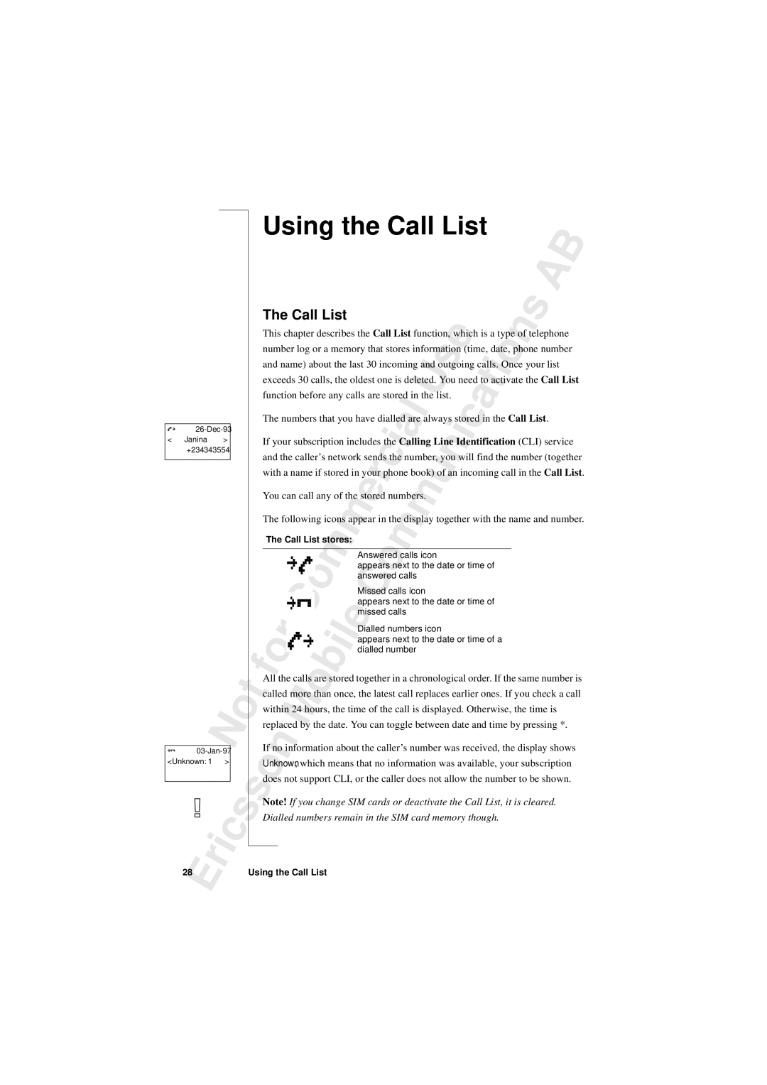 Sony T10s warranty Using the Call List 