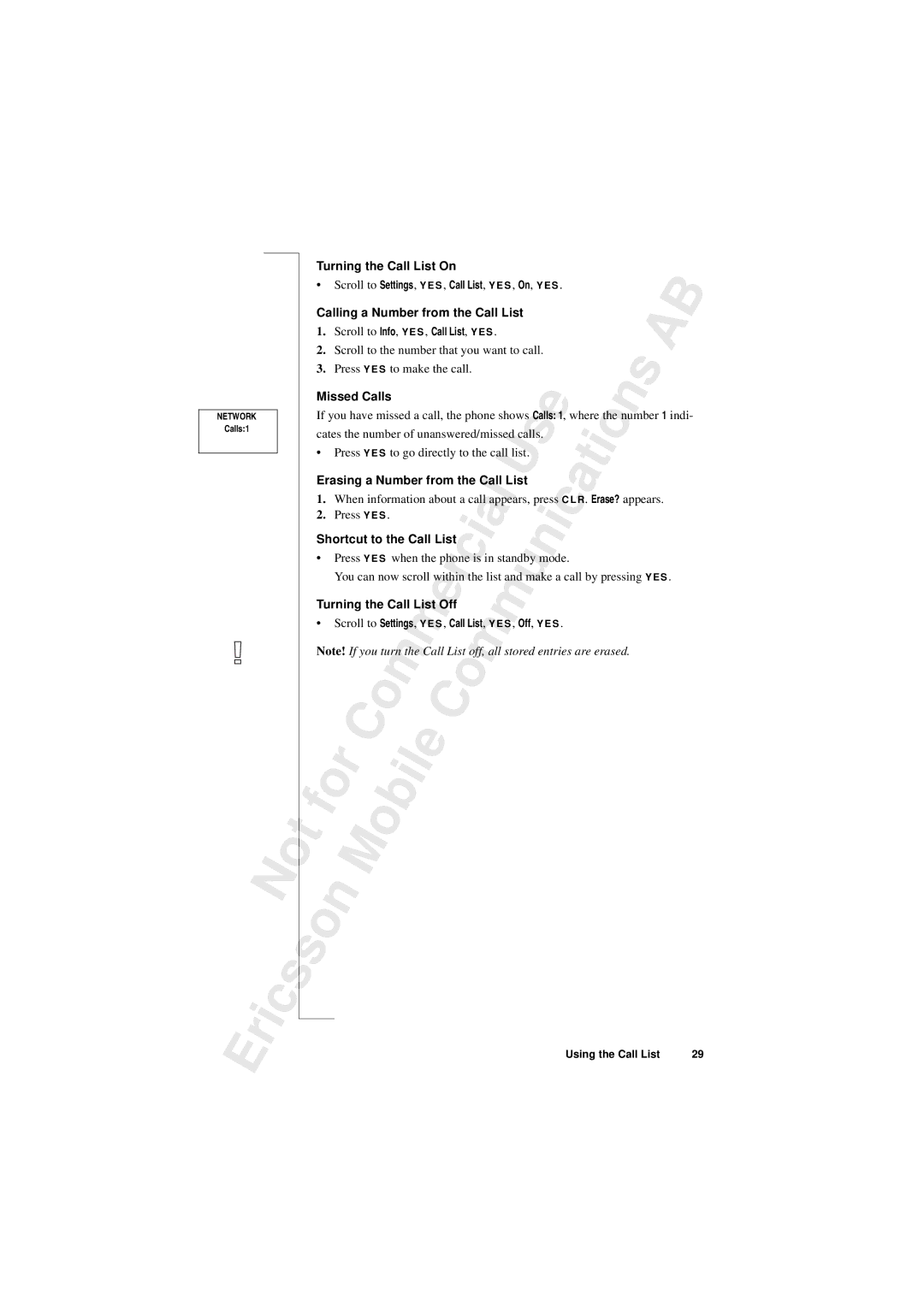 Sony T10s warranty Turning the Call List On, Shortcut to the Call List 