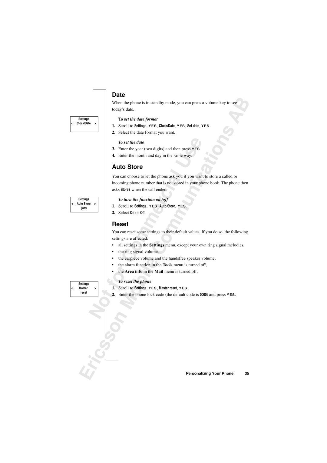 Sony T10s warranty Date, Auto Store, Reset, To set the date, Ring signal volume 