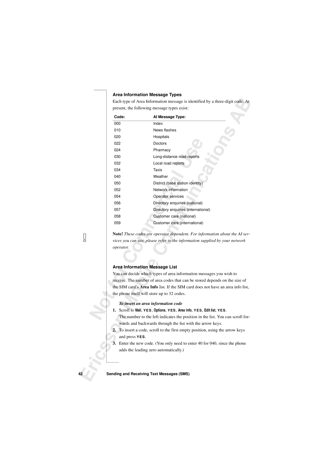 Sony T10s warranty To insert, Area Information Message Types, Area Information Message List, An area information code 