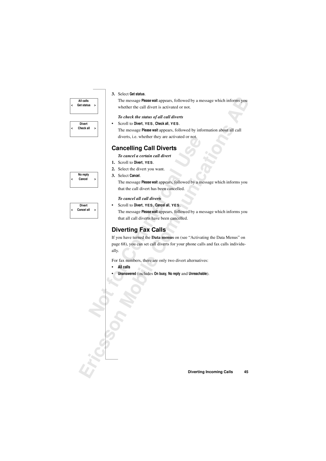 Sony T10s warranty Cancelling Call Diverts, To cancel a certain call divert, Ally, All calls 