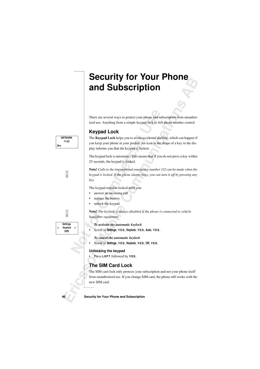 Sony T10s warranty Security for Your Phone Subscription, Keypad Lock, SIM Card Lock 