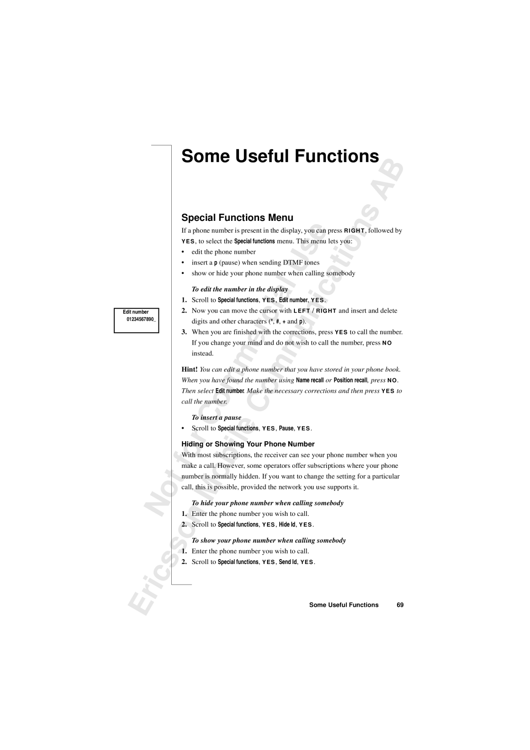 Sony T10s Some Useful Functions, Special Functions Menu, Edit the phone number, Hiding or Showing Your Phone Number 