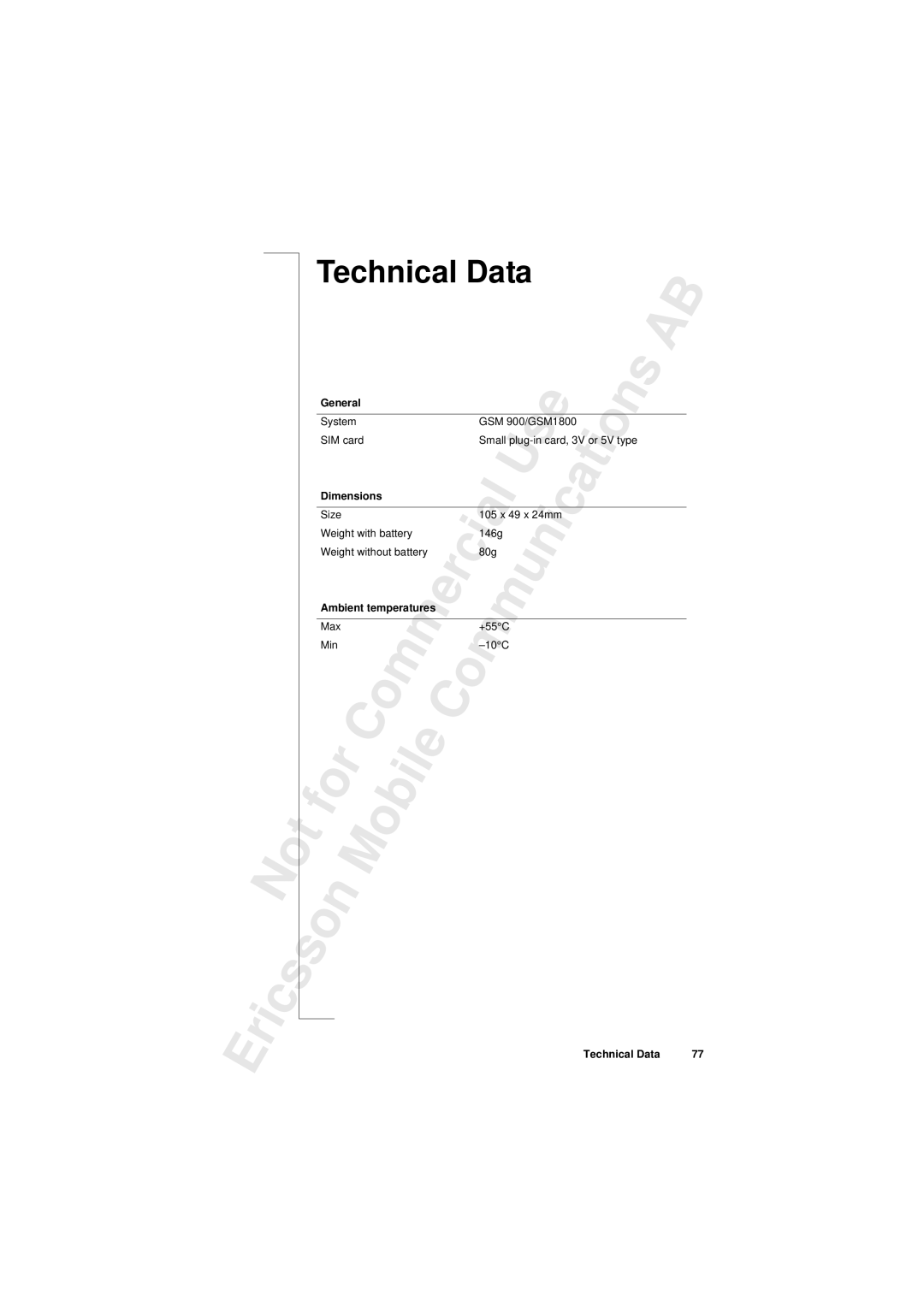 Sony T10s warranty Technical Data 