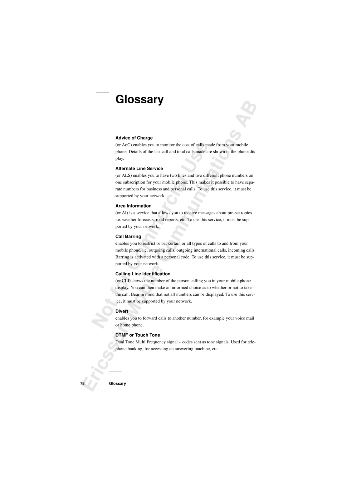 Sony T10s warranty Glossary, Call Barring, Divert 