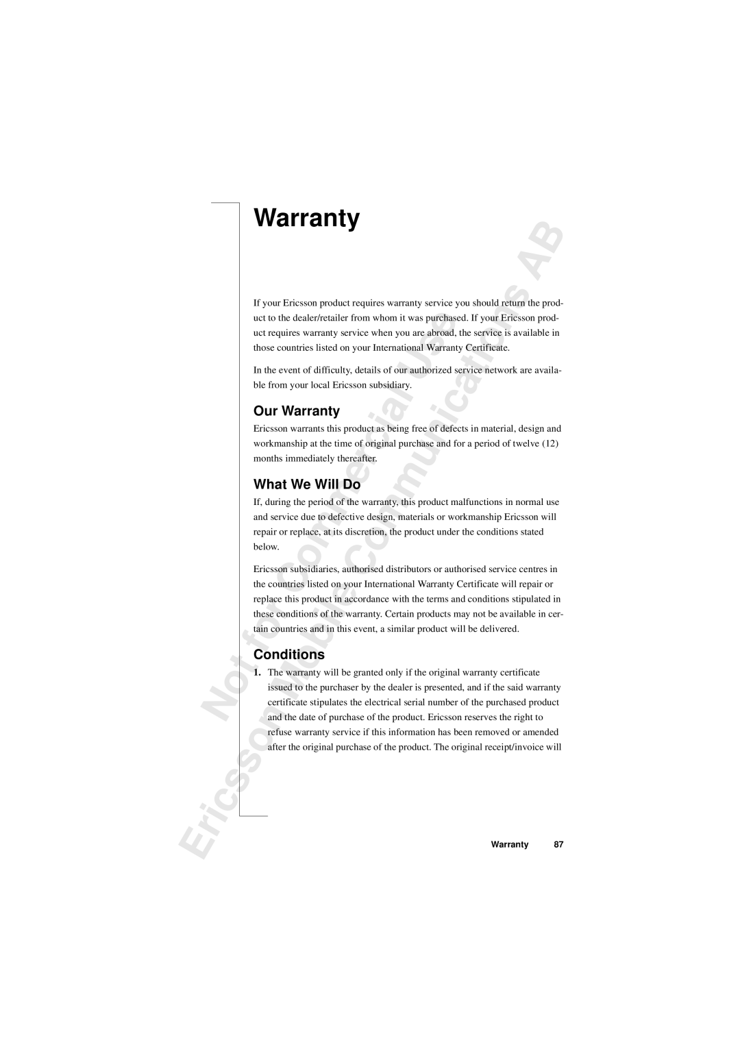 Sony T10s warranty Our Warranty, What We Will Do, Prod, Ble from your local Ericsson subsidiary, Below 