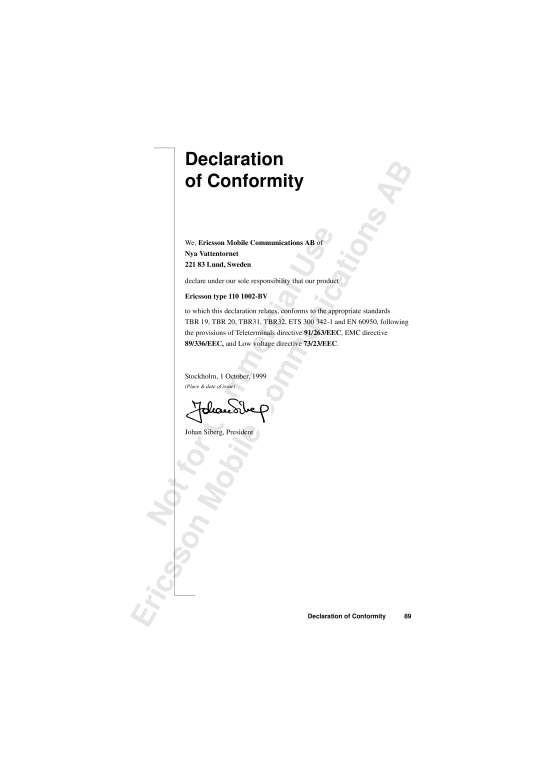 Sony T10s warranty Declaration, Conformity, EMC directive, Johan Siberg, President 