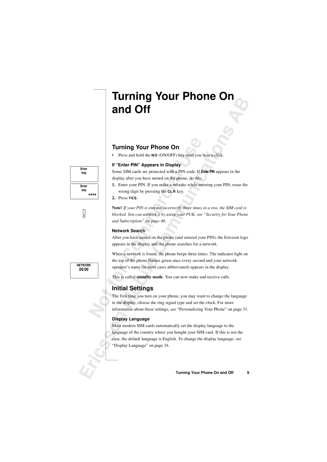 Sony T10s warranty Turning Your Phone On Off, Initial Settings, 0000 