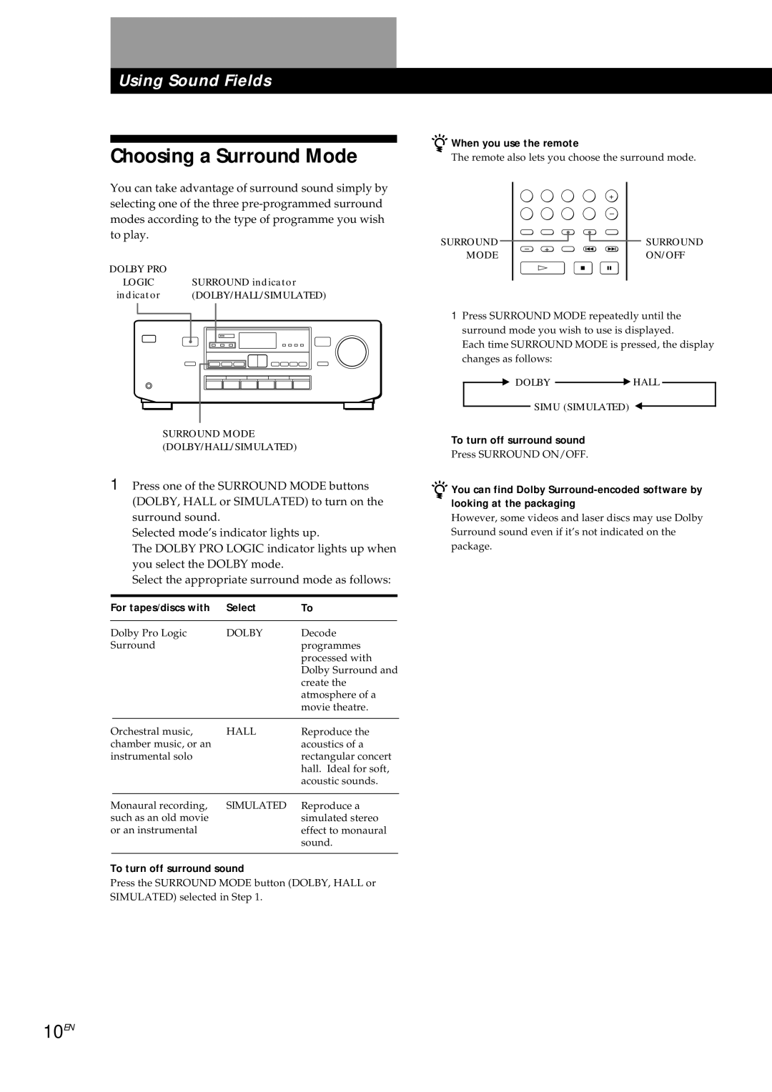 Sony TA-AV561A manual Choosing a Surround Mode, 10EN, For tapes/discs with Select, To turn off surround sound 