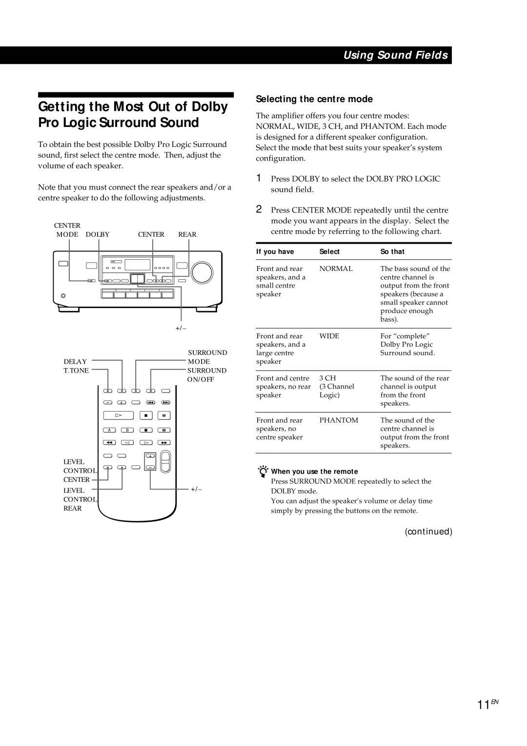 Sony TA-AV561A manual 11EN, Selecting the centre mode, If you have Select So that 