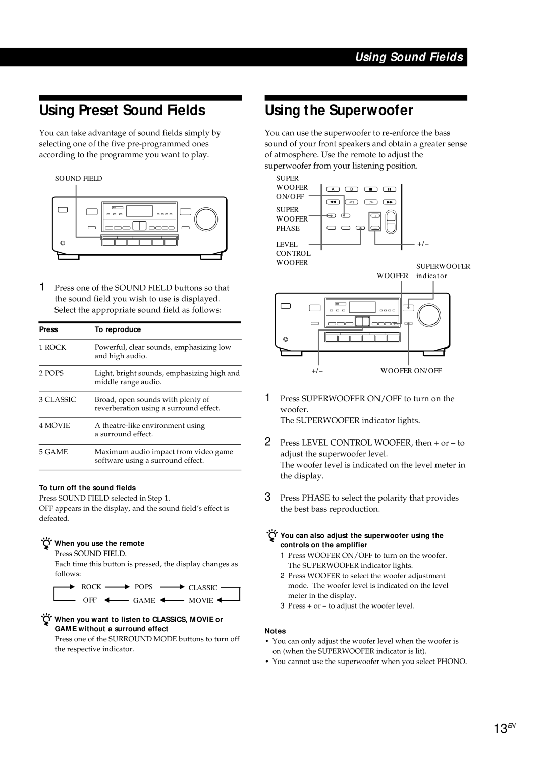 Sony TA-AV561A Using Preset Sound Fields, Using the Superwoofer, 13EN, Press To reproduce, To turn off the sound fields 