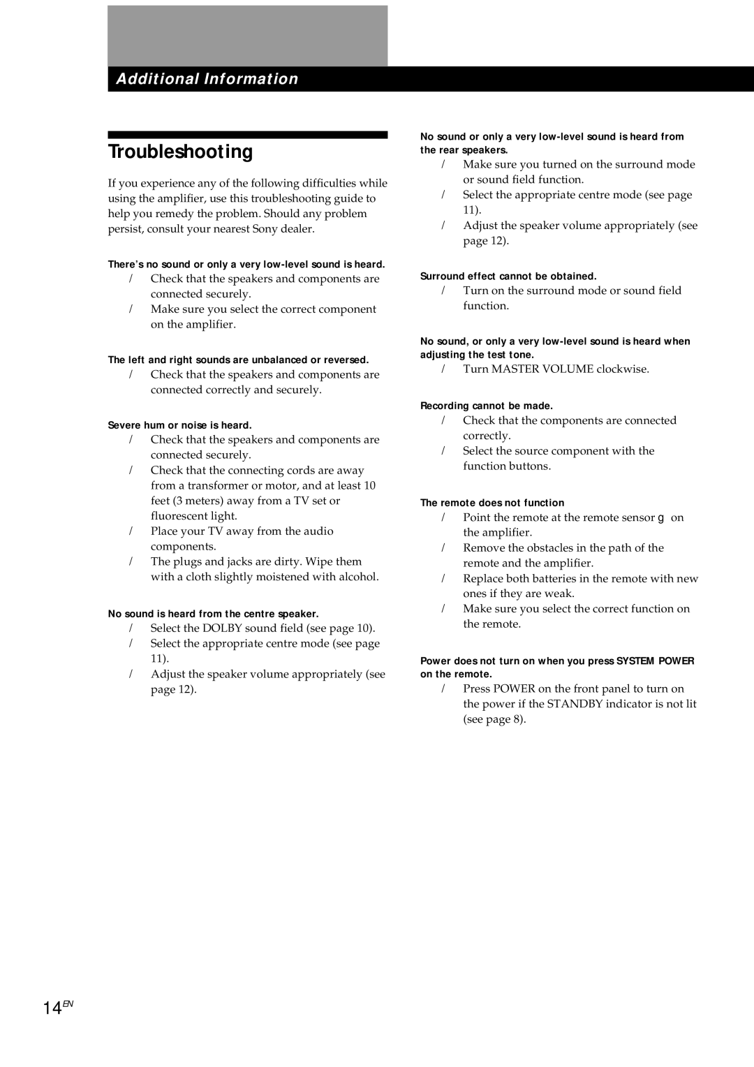 Sony TA-AV561A manual Troubleshooting, 14EN 