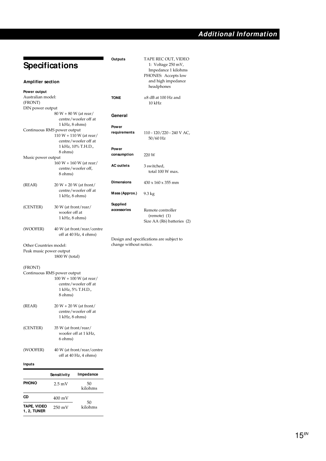 Sony TA-AV561A manual Specifications, 15EN, Amplifier section, General, Sensitivity Impedance 