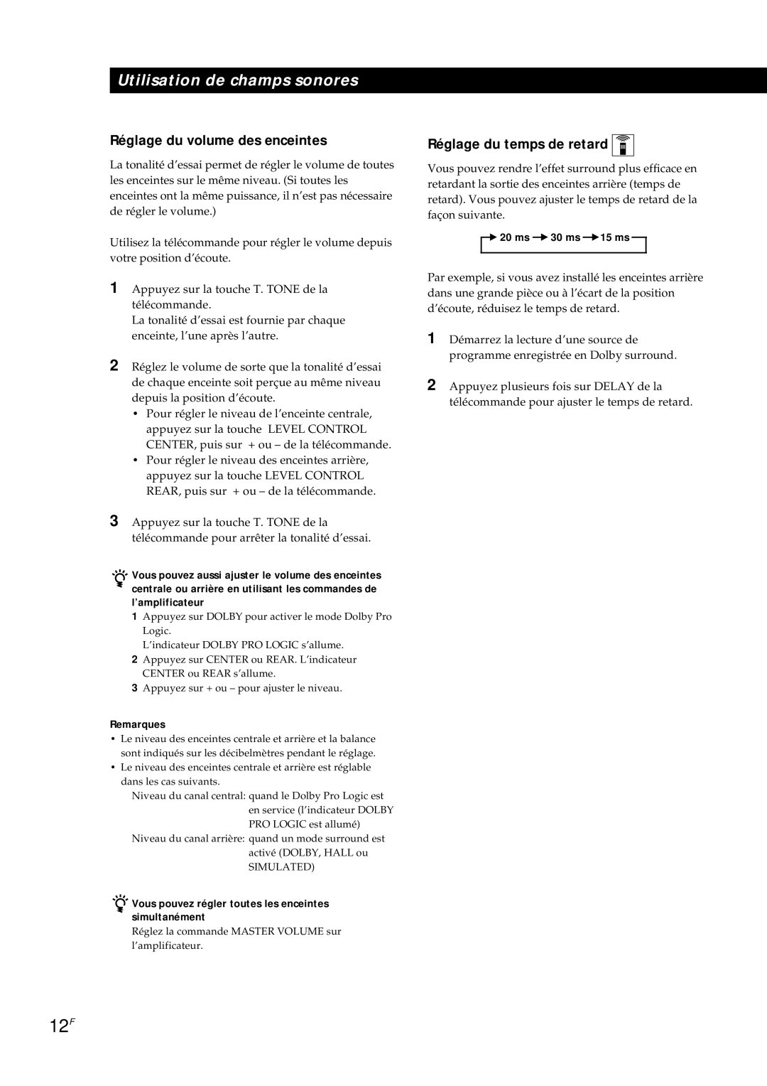 Sony TA-AV561A manual 12F, Réglage du volume des enceintes, Réglage du temps de retard 