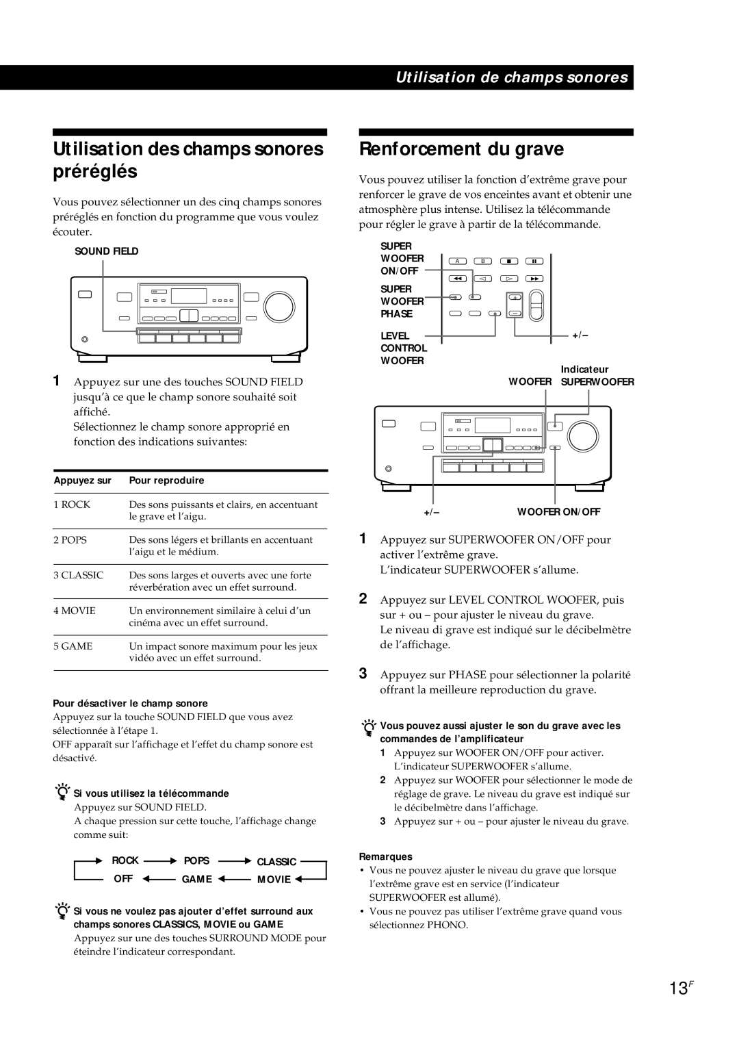 Sony TA-AV561A manual Utilisation des champs sonores préréglés, Renforcement du grave, 13F, Appuyez sur Pour reproduire 