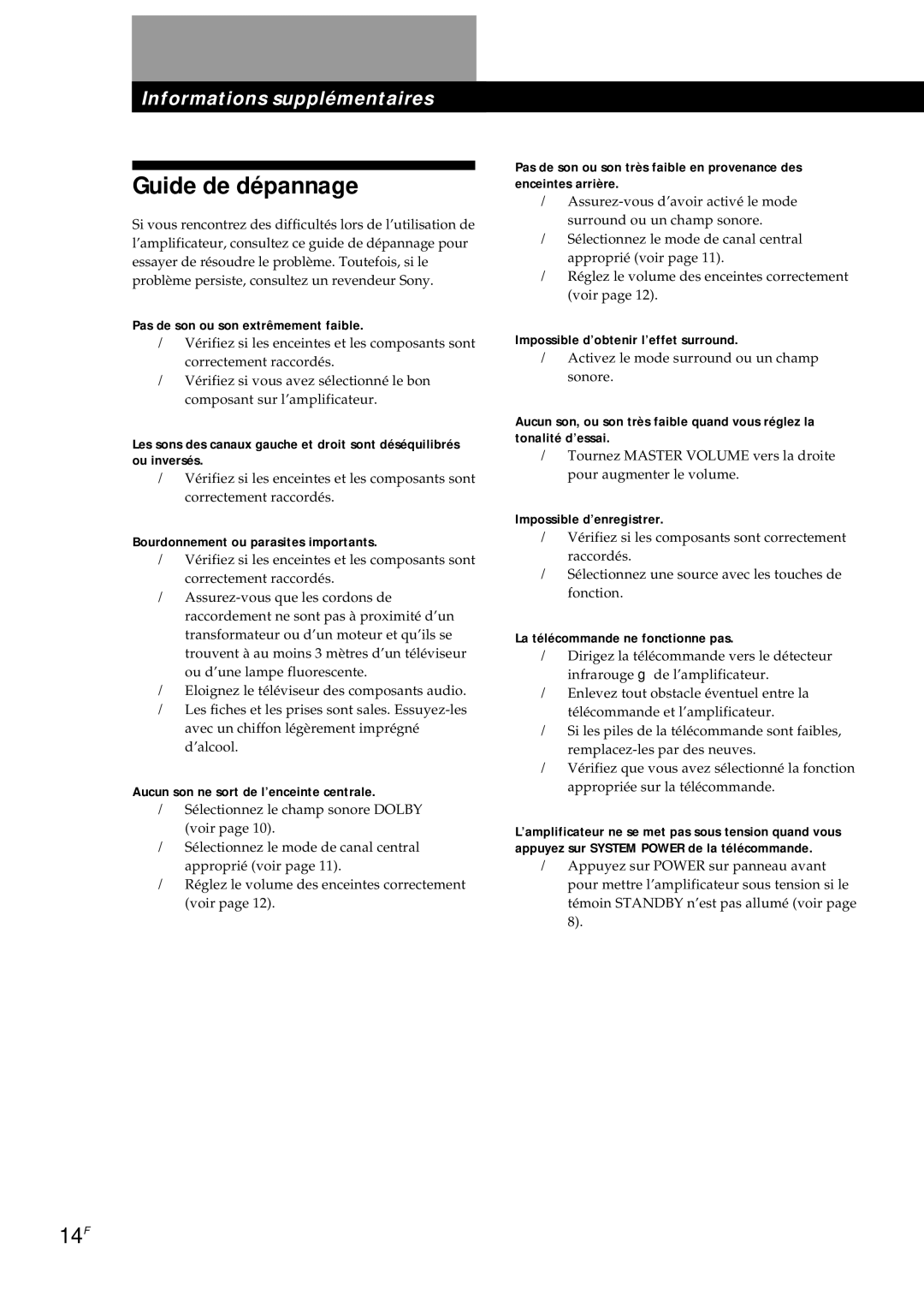 Sony TA-AV561A manual Guide de dépannage, 14F 