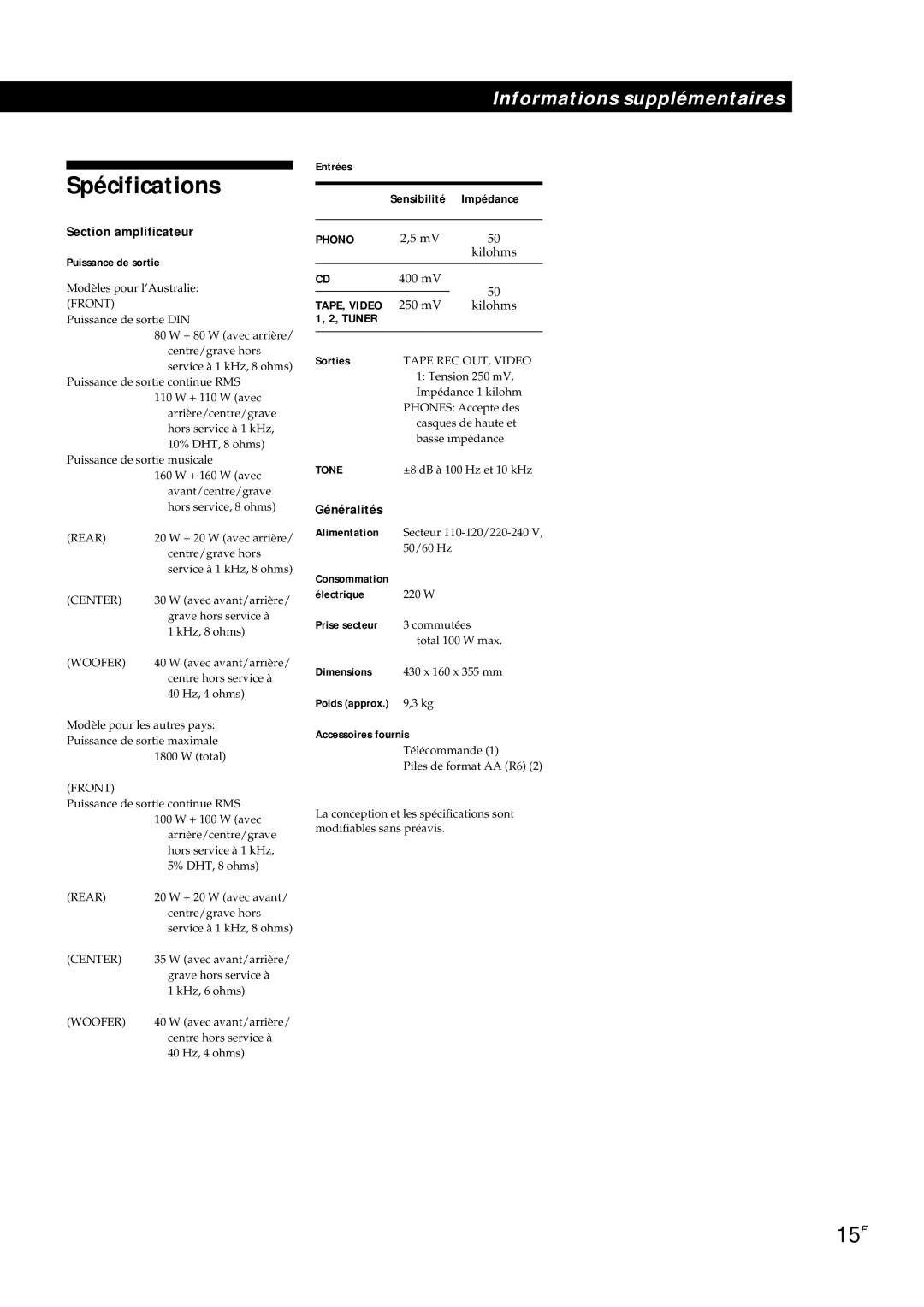 Sony TA-AV561A manual Spécifications, 15F, Section amplificateur, Généralités, Sensibilité Impédance 