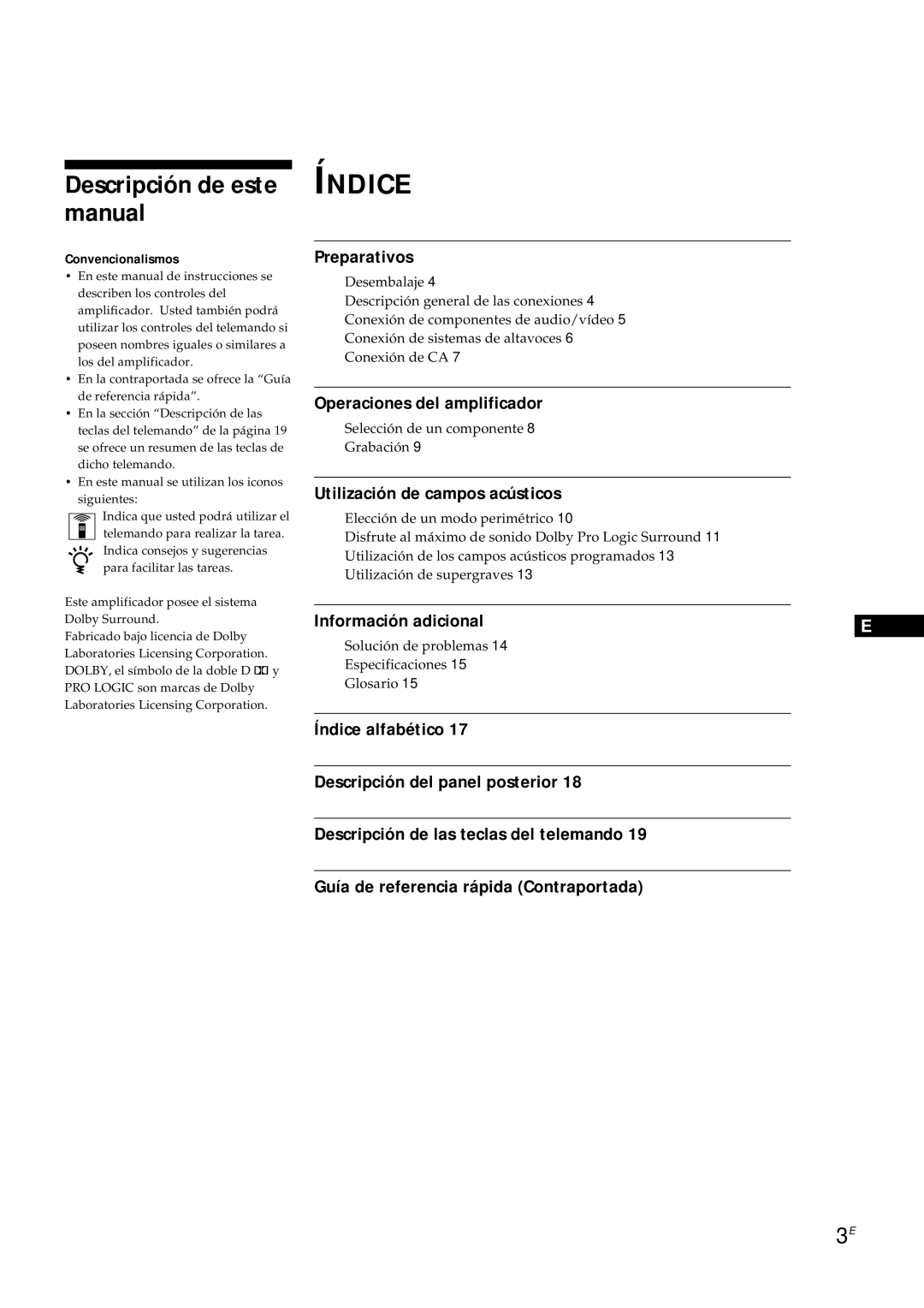 Sony TA-AV561A Descripción de este manual, Preparativos, Operaciones del amplificador, Utilización de campos acústicos 