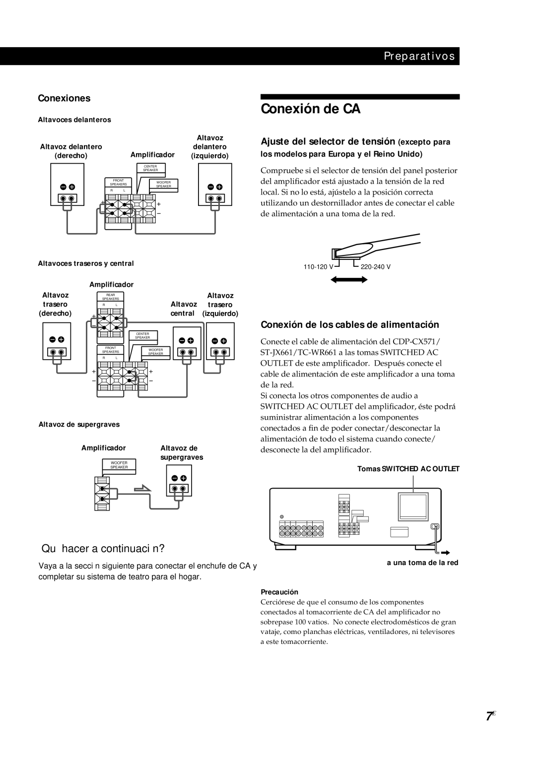 Sony TA-AV561A manual Conexión de CA, Ajuste del selector de tensión excepto para, Conexión de los cables de alimentación 