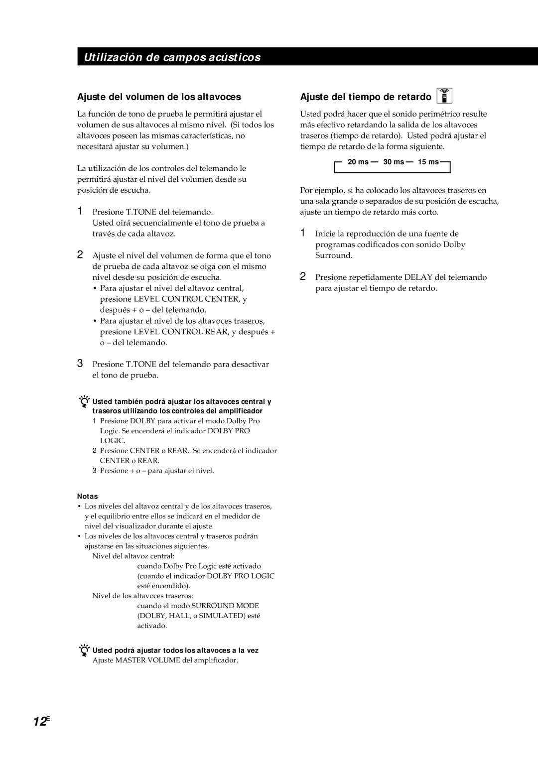 Sony TA-AV561A manual 12E, Ajuste del volumen de los altavoces, Ajuste del tiempo de retardo 