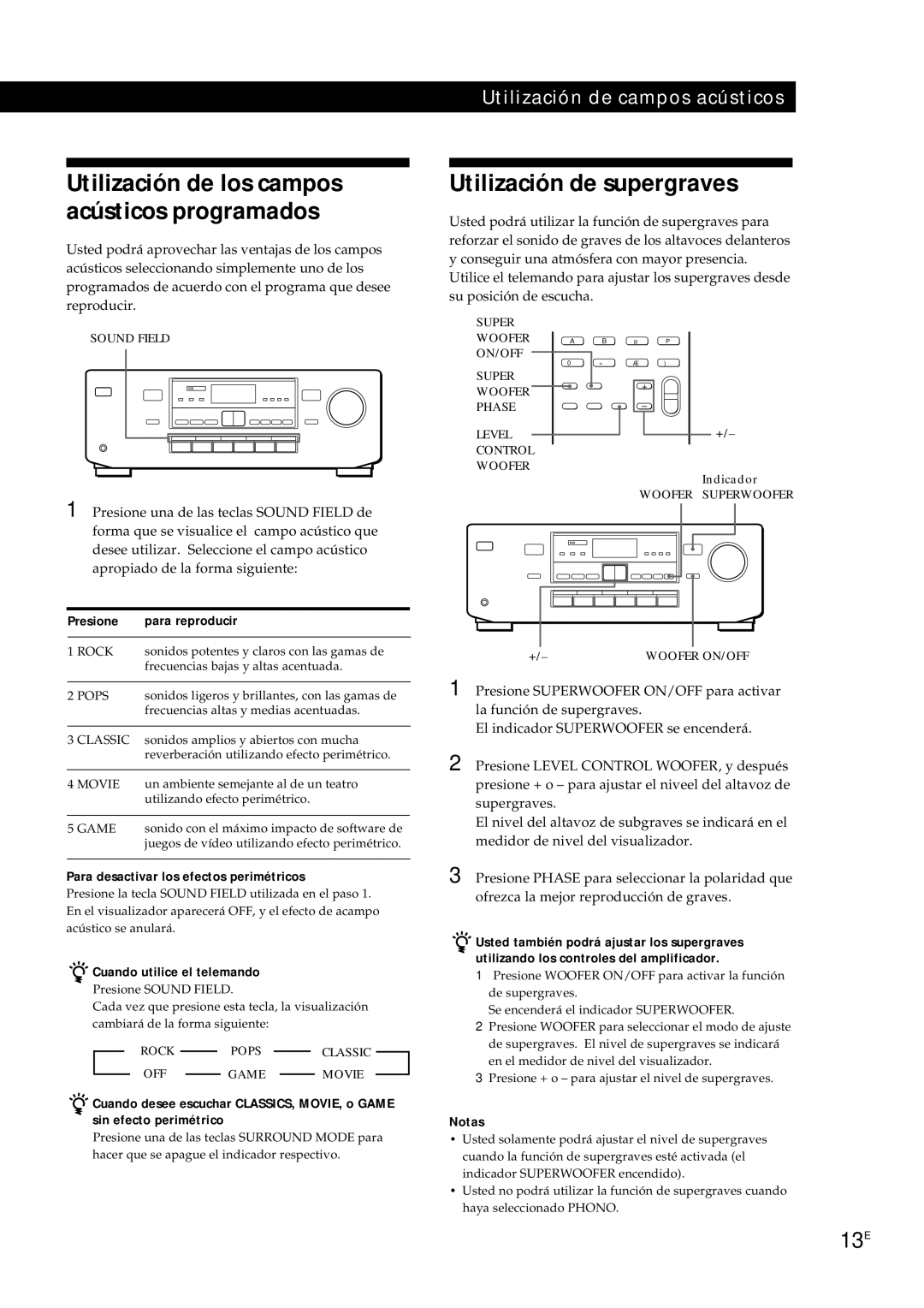 Sony TA-AV561A manual Utilización de supergraves, 13E, Presione Para reproducir, Para desactivar los efectos perimétricos 