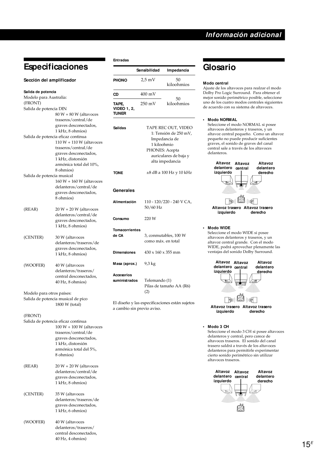 Sony TA-AV561A manual Especificaciones, Glosario, 15E, Sección del amplificador, Generales 