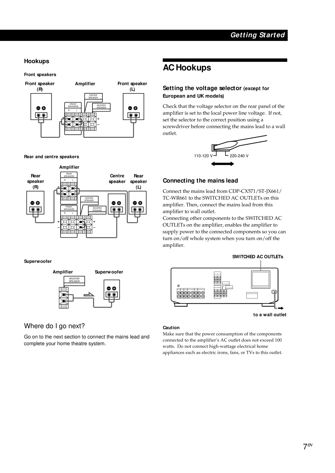 Sony TA-AV561A manual AC Hookups, Setting the voltage selector except for, Connecting the mains lead 