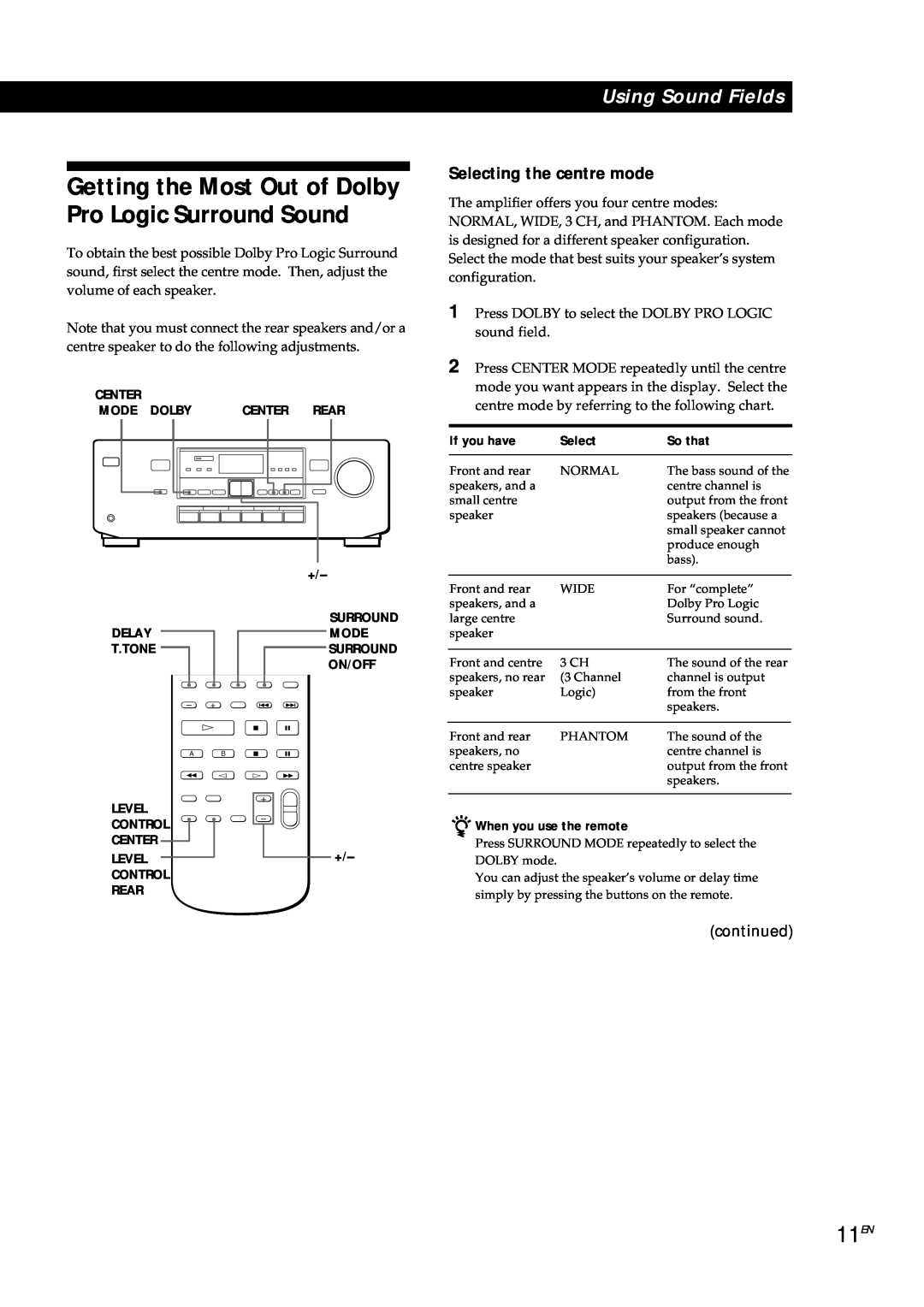 Sony TA-AV561A manual 11EN, Selecting the centre mode, If you have, So that, Using Sound Fields, continued 