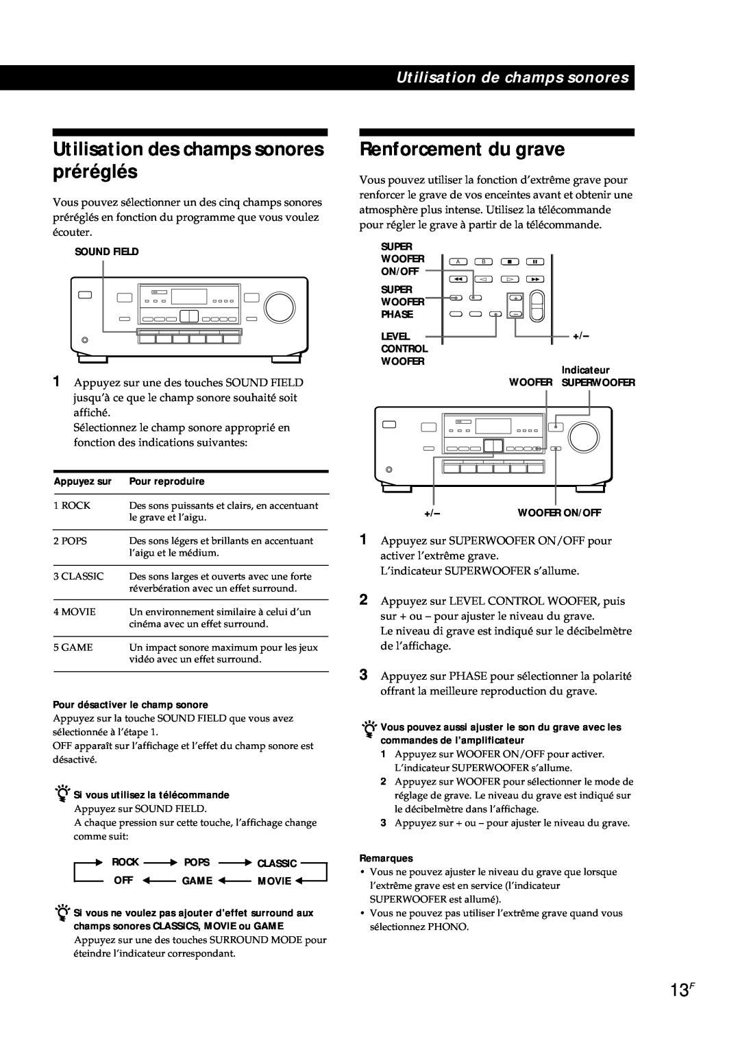 Sony TA-AV561A Utilisation des champs sonores préréglés, Renforcement du grave, Pour reproduire, Appuyez sur, Remarques 