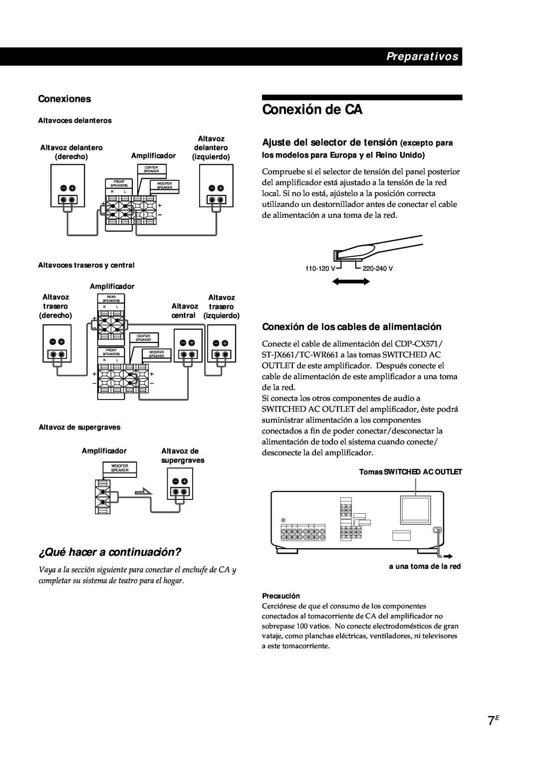 Sony TA-AV561A manual Conexión de CA, Ajuste del selector de tensión excepto para, Conexión de los cables de alimentación 