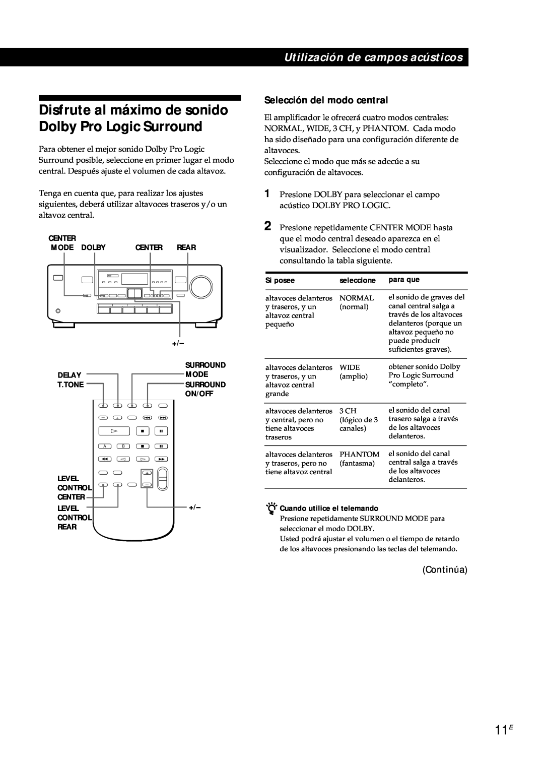Sony TA-AV561A manual Selección del modo central, Si posee, para que, Utilización de campos acústicos, Continúa, seleccione 