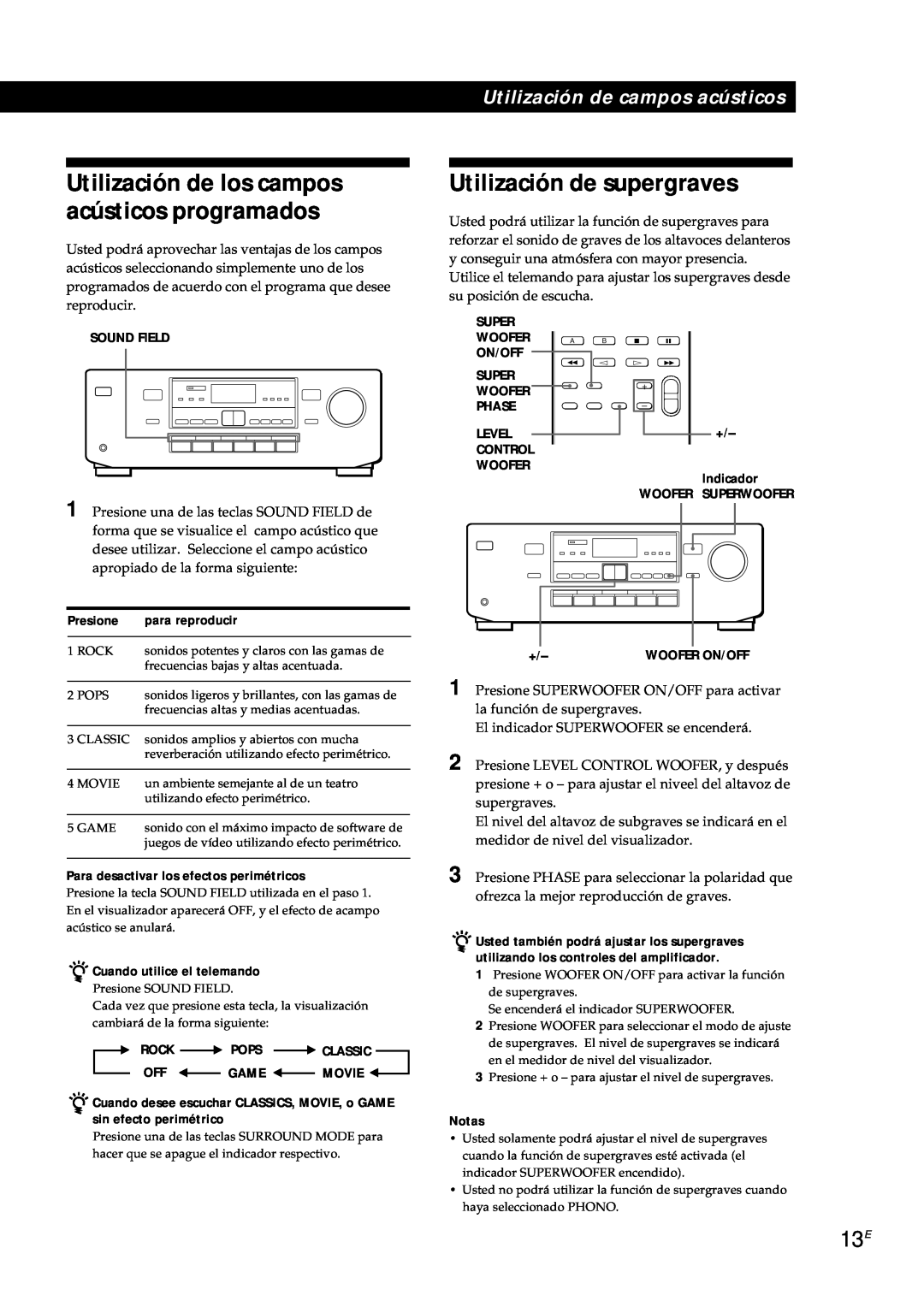 Sony TA-AV561A Utilización de supergraves, Utilización de los campos acústicos programados, Presione, para reproducir 