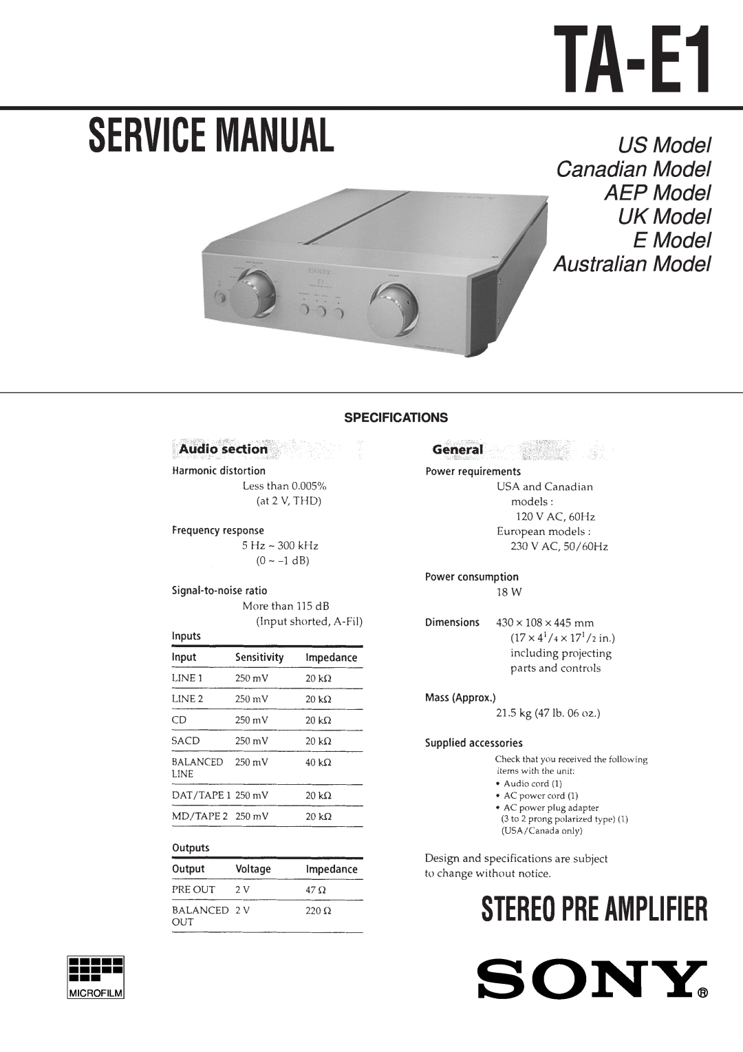 Sony TA-E1 manual Specifications, Service Manual, Stereo Pre Amplifier 