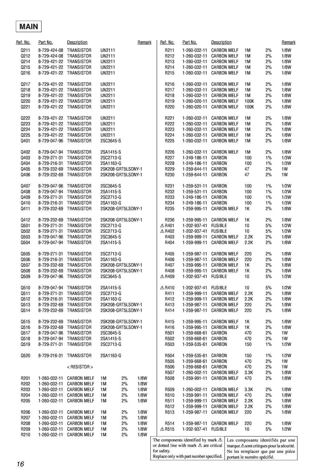 Sony TA-E1 manual Main, Les composants identifiés par une, or dotted line with mark !are critical, for safety 